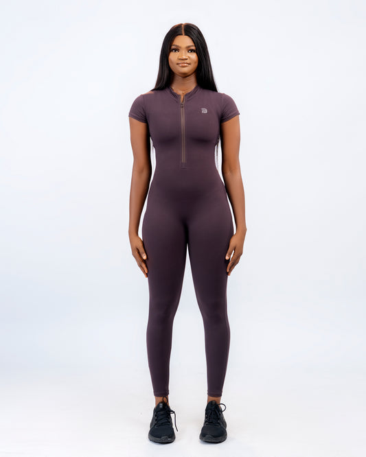 Flex Zip Jumpsuit (Short Sleeve) - Brown
