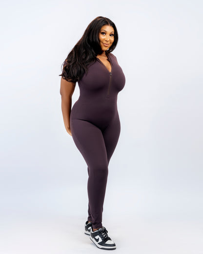 Flex Zip Jumpsuit (Short Sleeve) - Brown